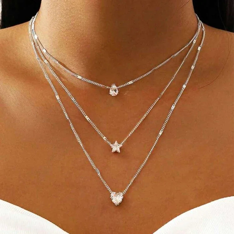 3 Layer Crystal Zircon Necklace Heart Star Multi-layer Pendant Necklace Women Fashion Square Rhinestone Female Necklaces Jewelry