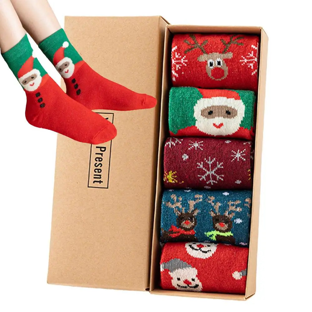 Christmas Socks 5Pairs Wool Socks Mid-tube Socks Fun Cute Socks With Santa Reindeer Pattern Women's Christmas Theme Gift Box