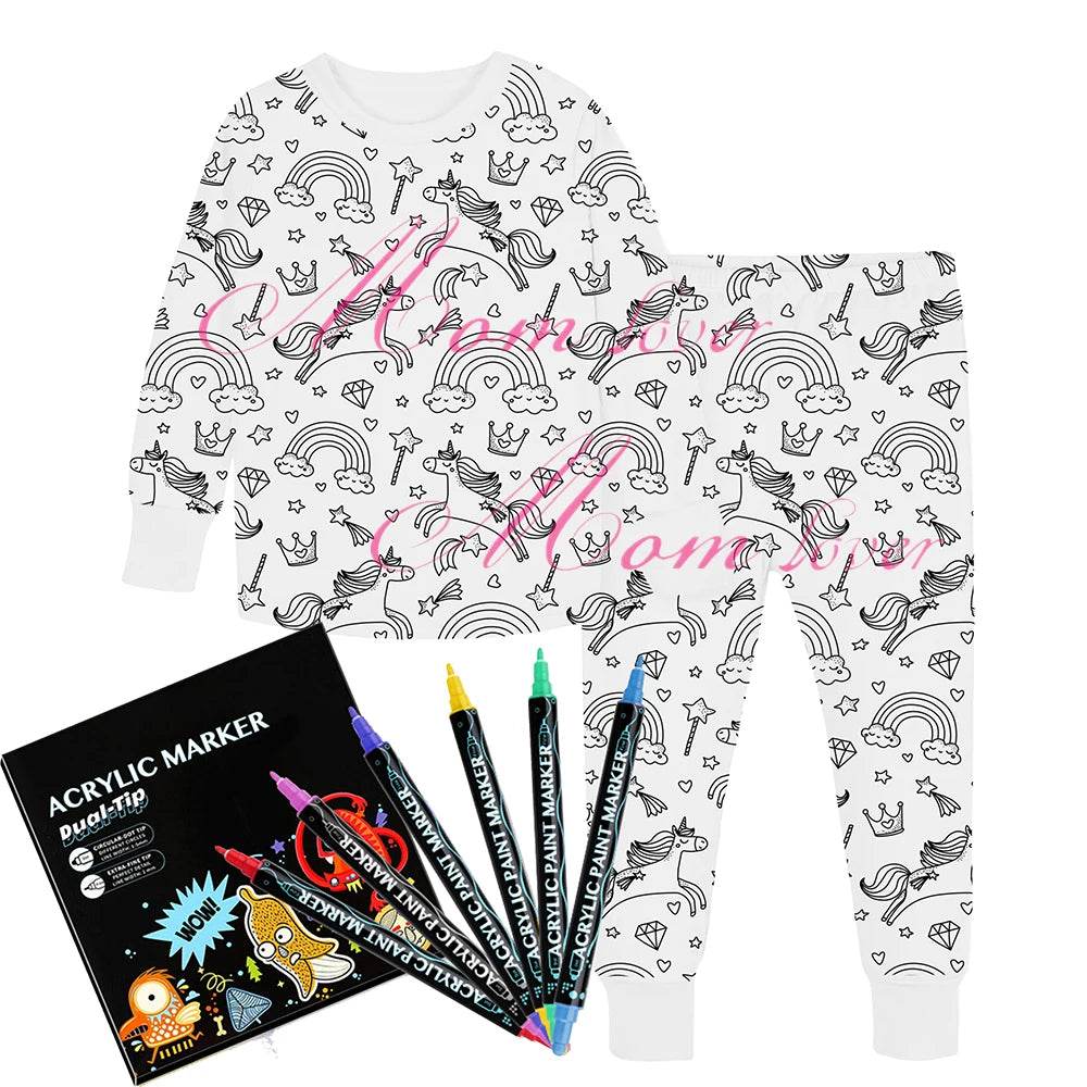 Christmas Colorable Two Piece Pajama Set for Children Boys Girls Hallowmas Pyjamas Kids DIY Coloring Kit for Pajama Party - HORA GIFT