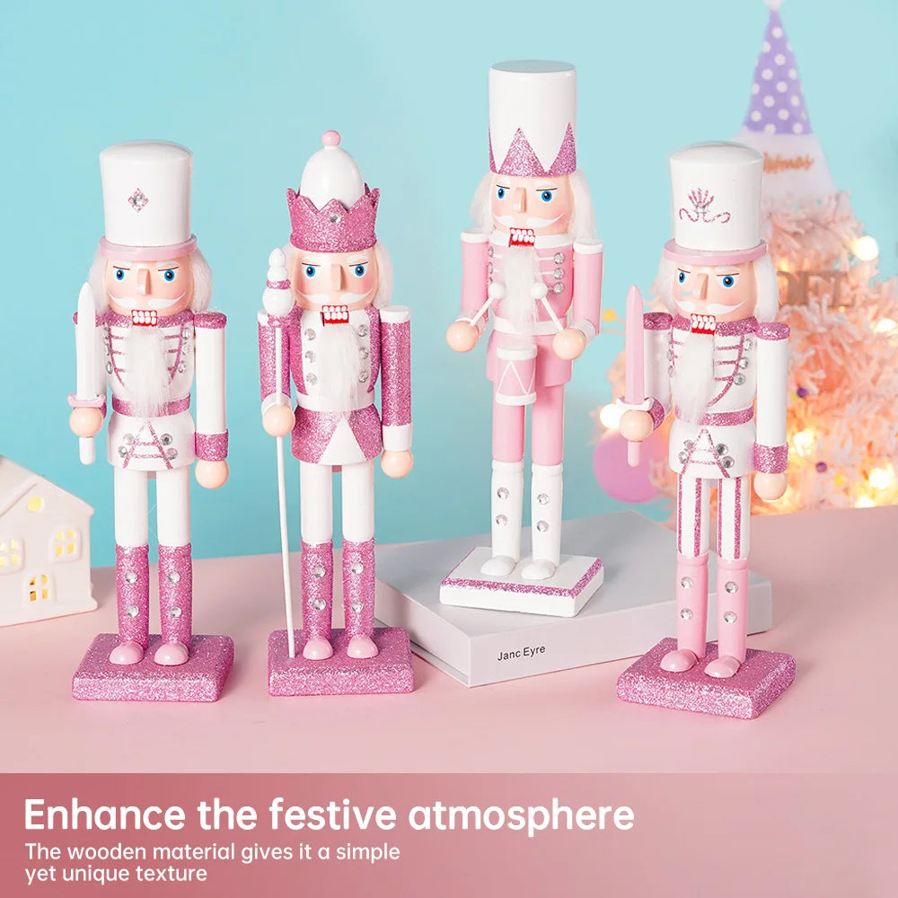 30cm Christmas Wooden Pink King Nutcracker Soldier Ornaments Handmade Pink Puppet Toys Office Desktop Christmas Decoration Gifts