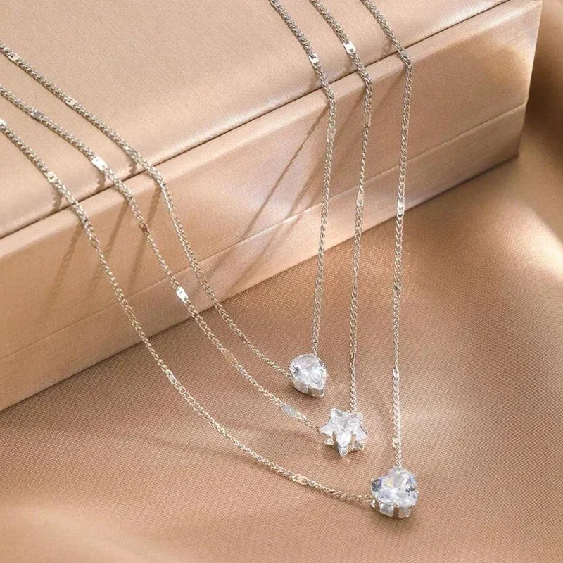 3 Layer Crystal Zircon Necklace Heart Star Multi-layer Pendant Necklace Women Fashion Square Rhinestone Female Necklaces Jewelry