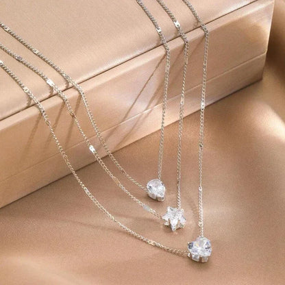 3 Layer Crystal Zircon Necklace Heart Star Multi-layer Pendant Necklace Women Fashion Square Rhinestone Female Necklaces Jewelry