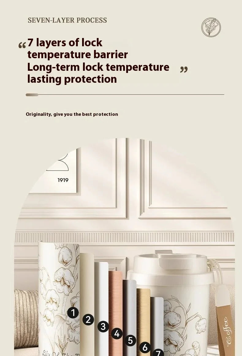 Lily Of The Valley Design Travel Portable Leakproof Coffee Cup Stainless Steel Insulated Bottle Cold Cup Handy Cup