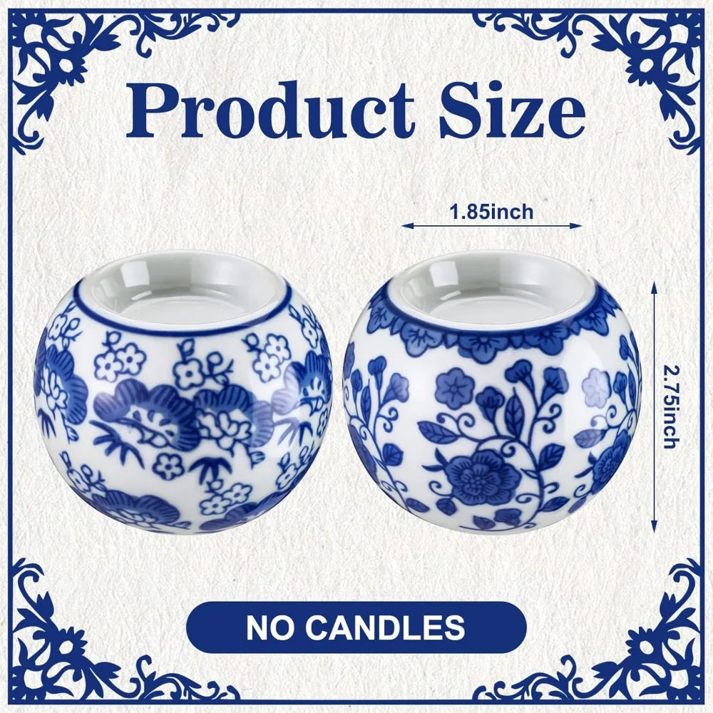 2 Pack Blue and White Candle Holders Chinoiserie Decor Porcelain Tealight Candleholders Votive Candle Holders for Holiday, Wedd