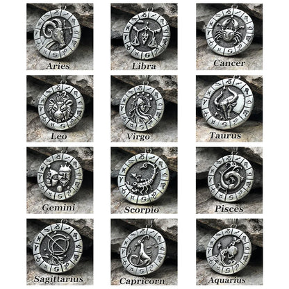 12 Constellation Zodian Signs Pendants Unique Design Horoscope Two-Sided Pendant Necklace for Men  Jewelry Birthday Gifts