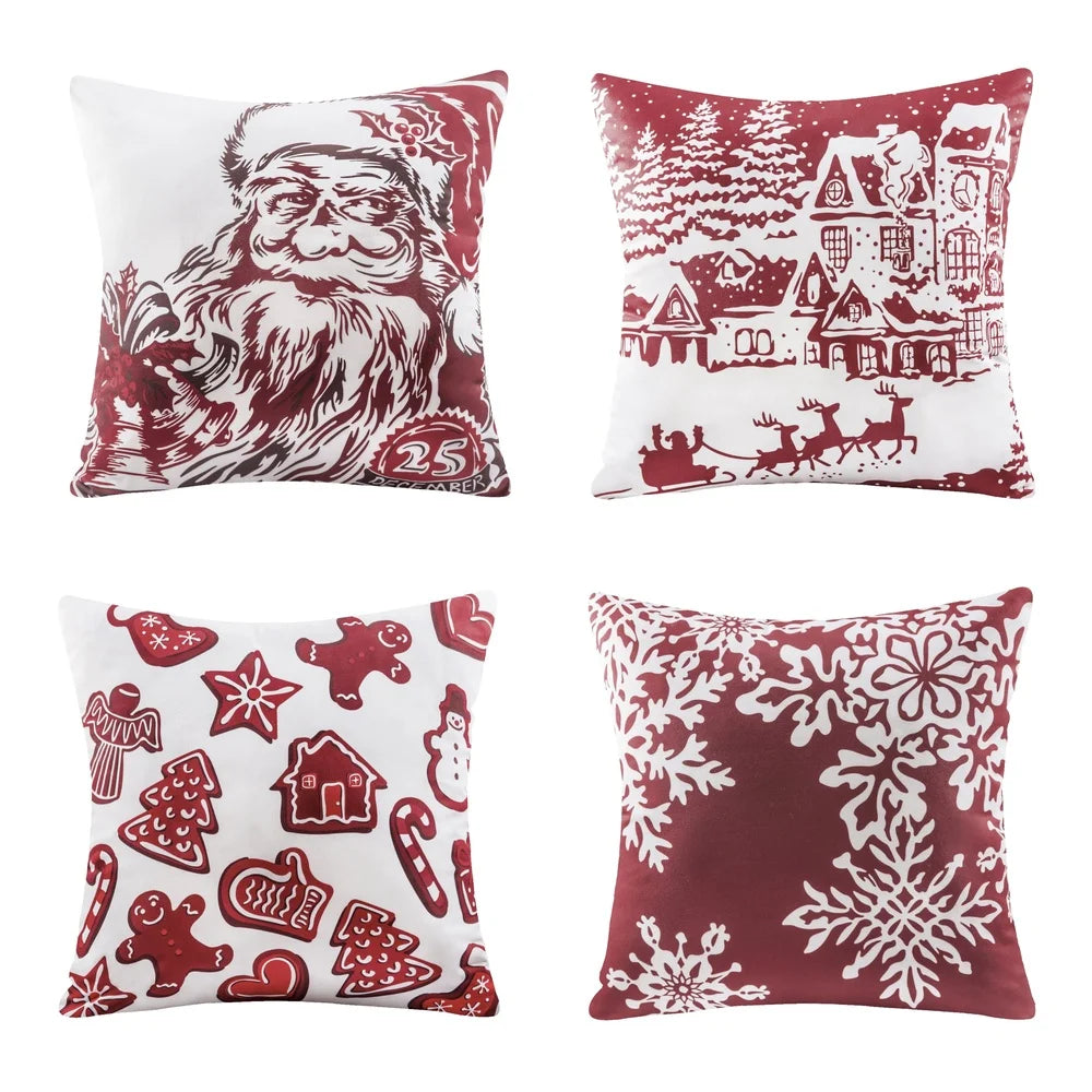 18x18 Christmas Throw Pillows Set of 4 Red White Embroidery Polyester Cushion Covers Hidden Zipper Machine Washable Home Decor