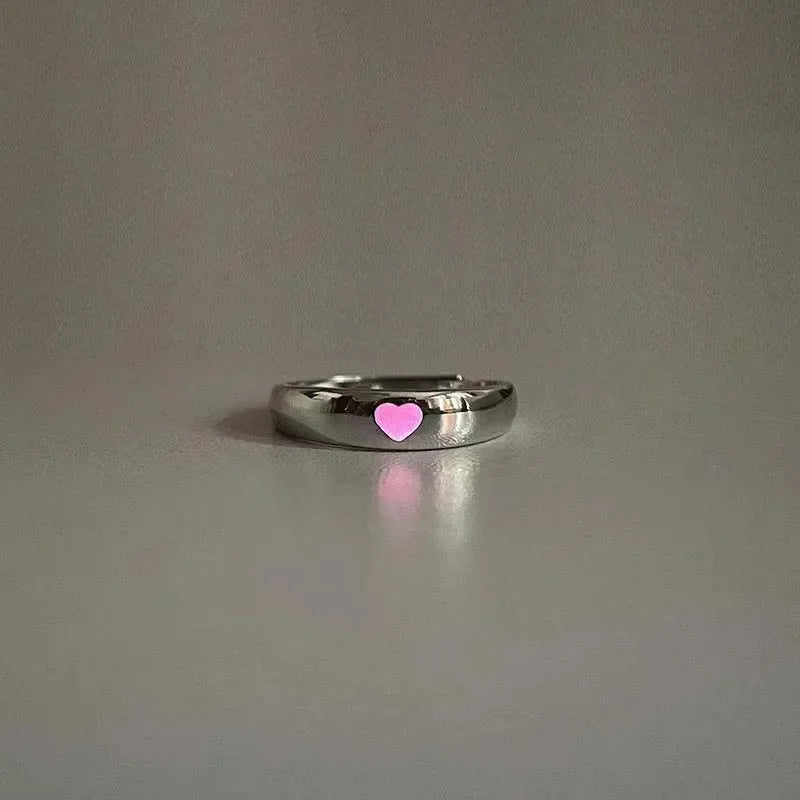 Fashion Blue Pink Love Heart Luminous Couple Ring for Women Men Vintage Glow In Dark Opening Adjustable Rings Jewelry Gifts