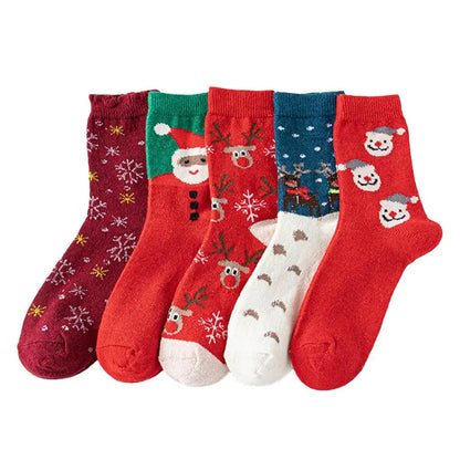 Christmas Socks 5Pairs Wool Socks Mid-tube Socks Fun Cute Socks With Santa Reindeer Pattern Women's Christmas Theme Gift Box