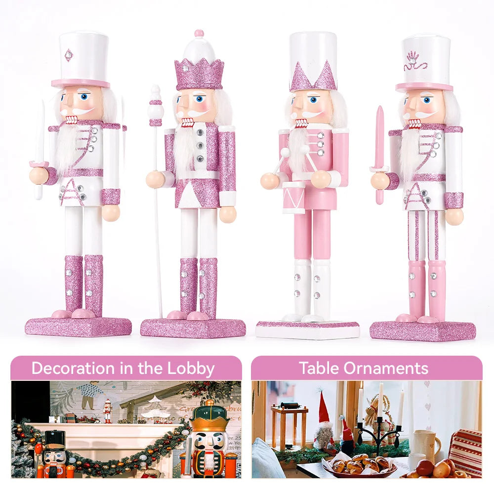 30cm Christmas Wooden Pink King Nutcracker Soldier Ornaments Handmade Pink Puppet Toys Office Desktop Christmas Decoration Gifts