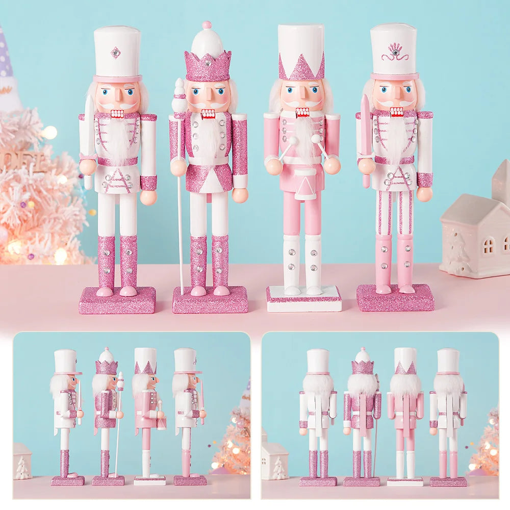 30cm Christmas Wooden Pink King Nutcracker Soldier Ornaments Handmade Pink Puppet Toys Office Desktop Christmas Decoration Gifts