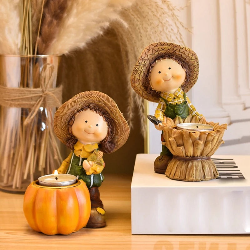 Fall Harvest Pumpkin Boy Tealight Candle Holder Centerpiece Thanksgiving Resin Figurine Fairy Garden Statue Table Decor