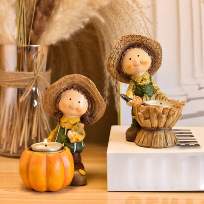 Fall Harvest Pumpkin Boy Tealight Candle Holder Centerpiece Thanksgiving Resin Figurine Fairy Garden Statue Table Decor