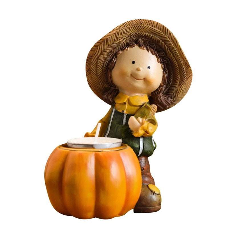 Fall Harvest Pumpkin Boy Tealight Candle Holder Centerpiece Thanksgiving Resin Figurine Fairy Garden Statue Table Decor