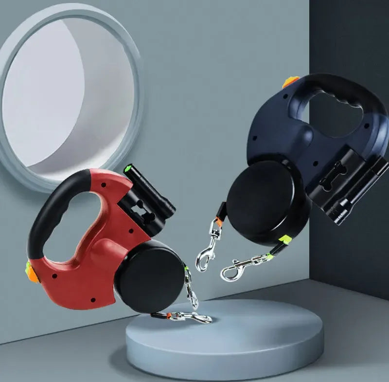 3in1 Double Head Automatic retractable Dog leash Flashlight Poop Bag Dispenser Reflective Pet Cat Extendable Puppy Traction Rope