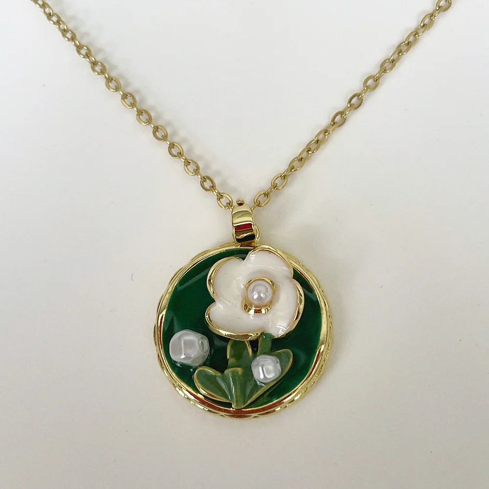 Vintage Rectangular Pendant Necklace with Enamel Floral Design in Stainless Steel