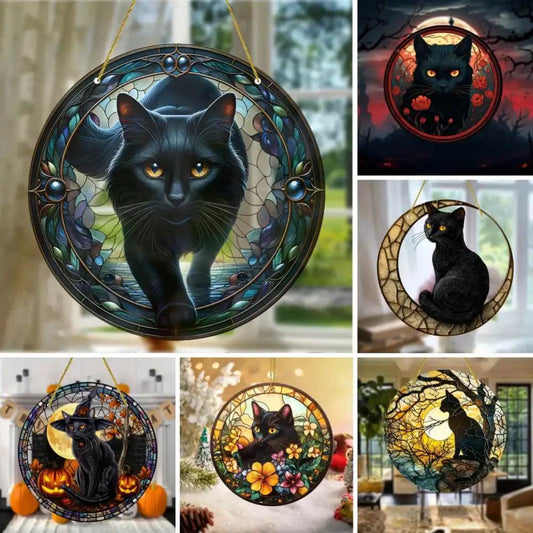 Black Cat Suncatcher - Acrylic Stained Style Window Hanging - HORA GIFT