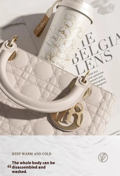 Lily Of The Valley Design Travel Portable Leakproof Coffee Cup Stainless Steel Insulated Bottle Cold Cup Handy Cup