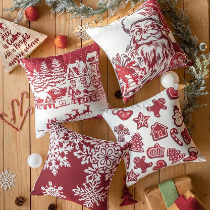 18x18 Christmas Throw Pillows Set of 4 Red White Embroidery Polyester Cushion Covers Hidden Zipper Machine Washable Home Decor