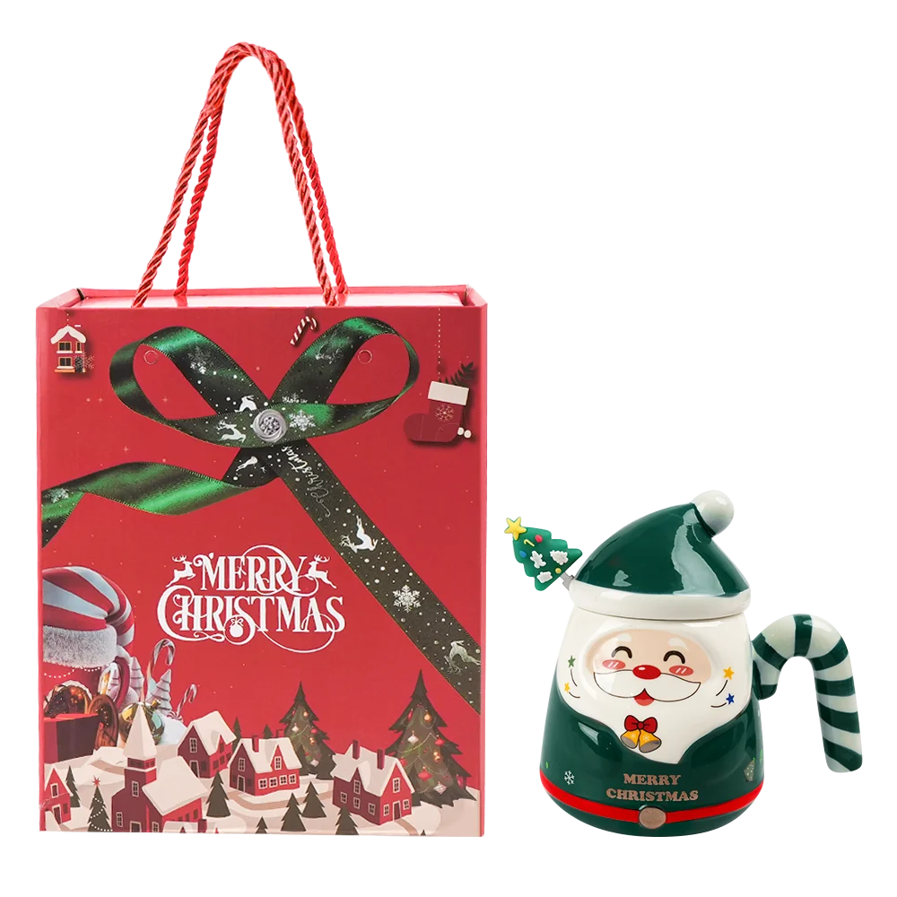 KEPEAK Christmas Santa Claus Ceramic Mugs with Lids and Spoons Animal Print Portable BPA-Free Festive Coffee Cups Set for Gifts