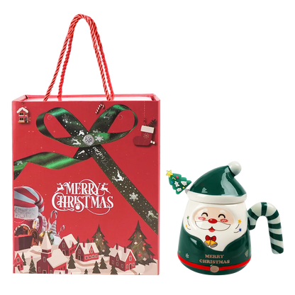 KEPEAK Christmas Santa Claus Ceramic Mugs with Lids and Spoons Animal Print Portable BPA-Free Festive Coffee Cups Set for Gifts