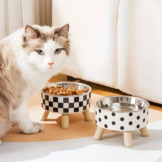 1pcsElevated stainless steel cat bowl with neck protection design - anti slip, anti pointed feeding tray for cats, cat food bowl