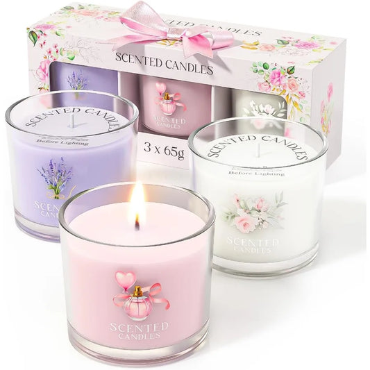 Scented Candle Gift Set for Stress Relief and Relaxation 3 Aromatherapy Votive Candles in Pink Purple and White Ideal for Women