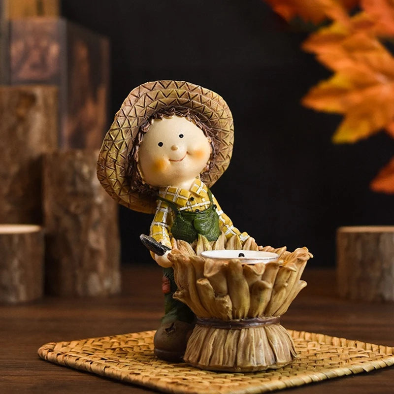 Fall Harvest Pumpkin Boy Tealight Candle Holder Centerpiece Thanksgiving Resin Figurine Fairy Garden Statue Table Decor