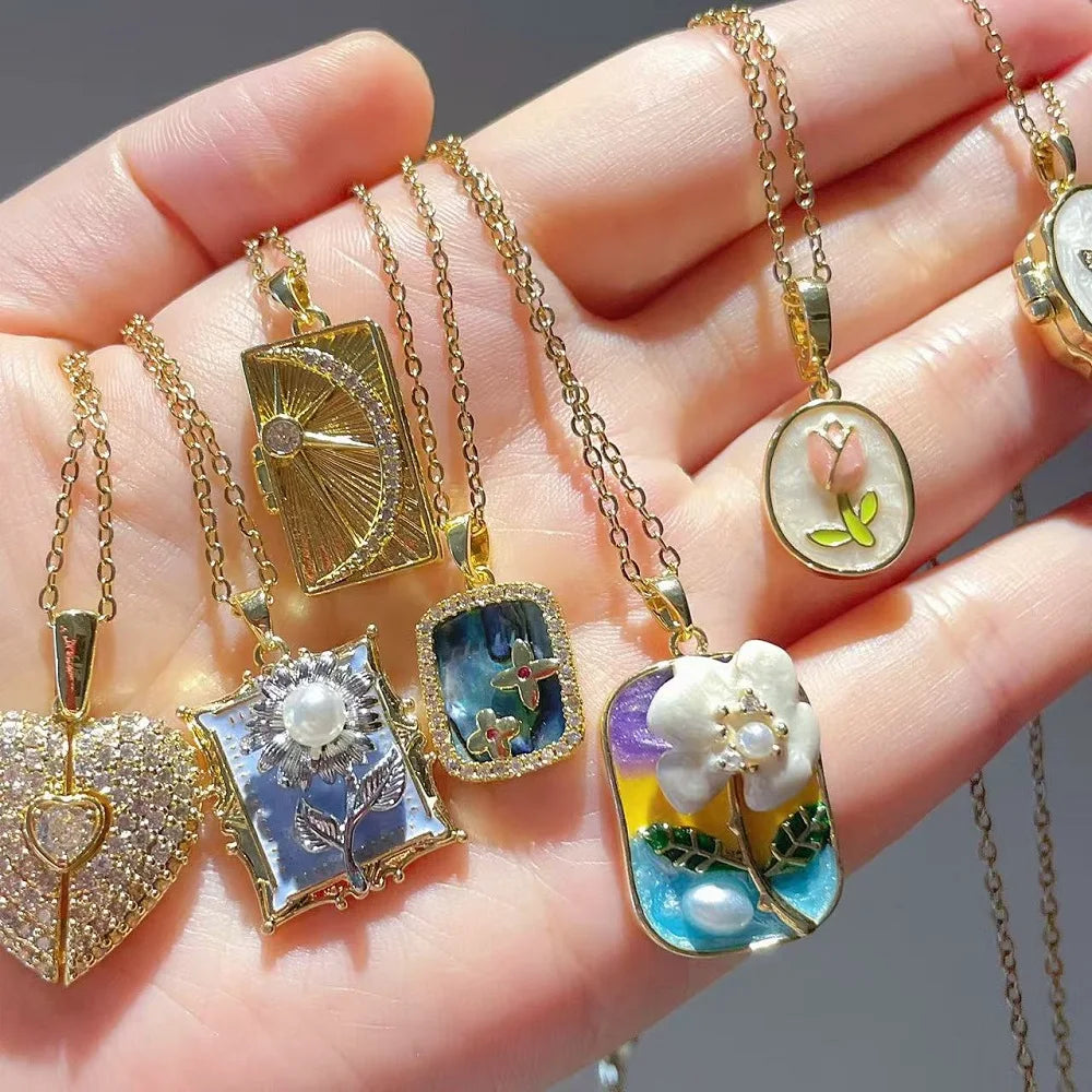 Vintage Rectangular Pendant Necklace with Enamel Floral Design in Stainless Steel