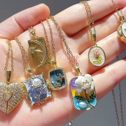 Vintage Rectangular Pendant Necklace with Enamel Floral Design in Stainless Steel