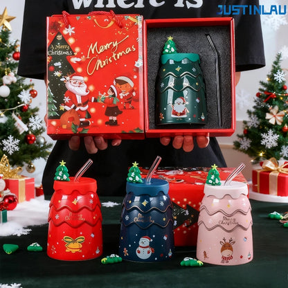 Creative Christmas Mugs Cartoon Xmas Tree Shape Santa Claus Elk Snowman Bell Ceramic Cup with Lid and Straw Coffee Mug Xmas Gift