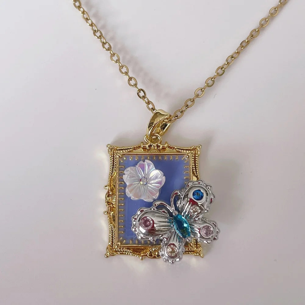 Vintage Rectangular Pendant Necklace with Enamel Floral Design in Stainless Steel