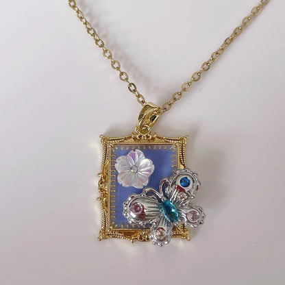 Vintage Rectangular Pendant Necklace with Enamel Floral Design in Stainless Steel