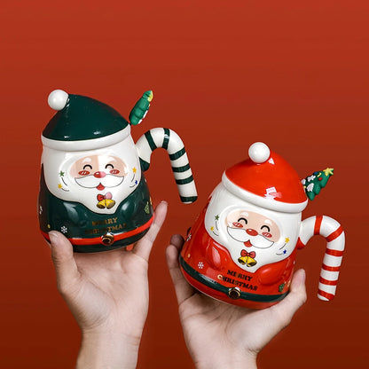KEPEAK Christmas Santa Claus Ceramic Mugs with Lids and Spoons Animal Print Portable BPA-Free Festive Coffee Cups Set for Gifts