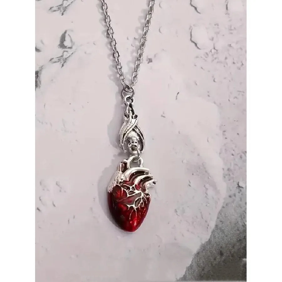 Anatomical Heart Pendant Necklace, Red Silver Pendant, Gothic Style Jewelry