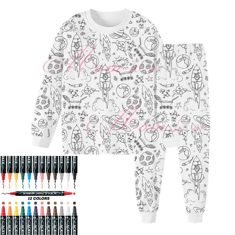 Christmas Colorable Two Piece Pajama Set for Children Boys Girls Hallowmas Pyjamas Kids DIY Coloring Kit for Pajama Party - HORA GIFT