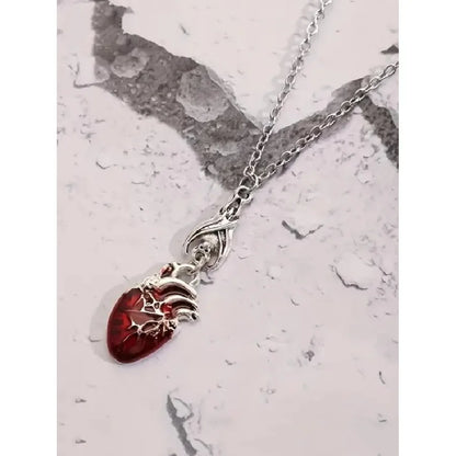 Anatomical Heart Pendant Necklace, Red Silver Pendant, Gothic Style Jewelry