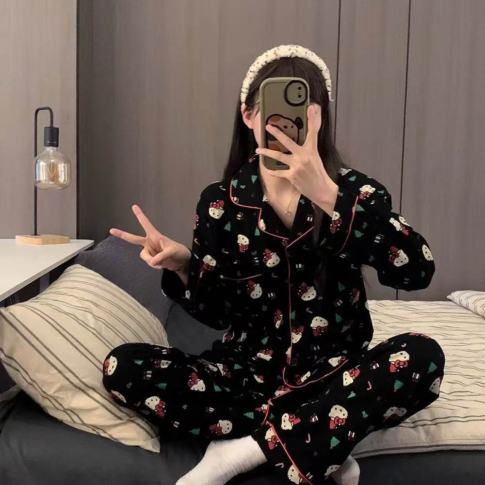 2Pcs/Set Christmas Hello Kitty Pajama Set Anime Cute Woman's - HORA GIFT