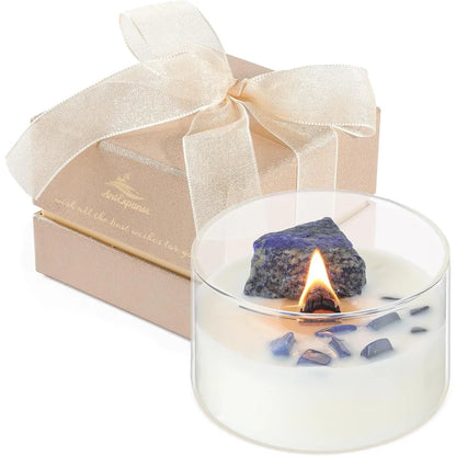 Luxury English Pear Freesia Soy Candle with Crackling Wood Wick and Healing Crystals for Relaxing Home Aromatherapy 55Hour NonT
