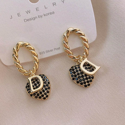 Golden Earrings D Letter Zircon Heart Shaped Pendant Retro Versatile Women's Jewelry - HORA GIFT