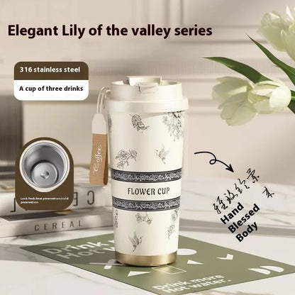 Lily Of The Valley Design Travel Portable Leakproof Coffee Cup Stainless Steel Insulated Bottle Cold Cup Handy Cup