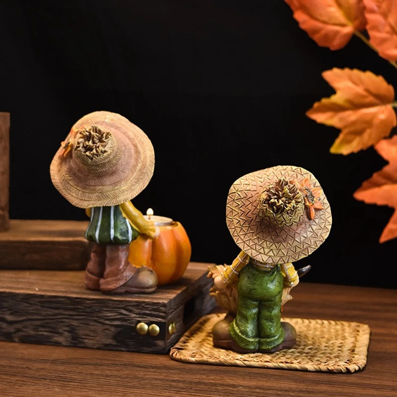 Fall Harvest Pumpkin Boy Tealight Candle Holder Centerpiece Thanksgiving Resin Figurine Fairy Garden Statue Table Decor