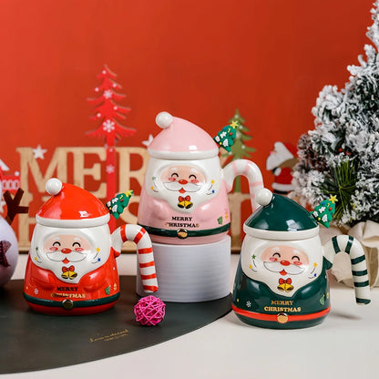 KEPEAK Christmas Santa Claus Ceramic Mugs with Lids and Spoons Animal Print Portable BPA-Free Festive Coffee Cups Set for Gifts