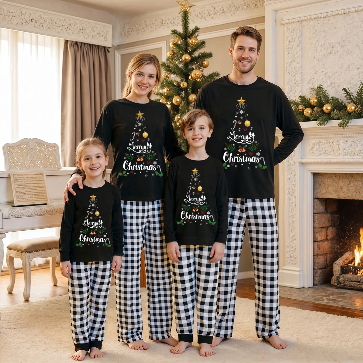 Matching Family Christmas Pajamas Set with Plaid and Letter Print Festive Holiday Sleepwear for Dad Mom and Kids Cozy PJs