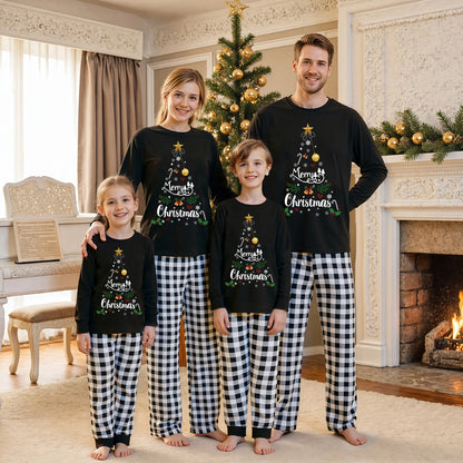 Matching Family Christmas Pajamas Set with Plaid and Letter Print Festive Holiday Sleepwear for Dad Mom and Kids Cozy PJs