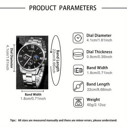 Men's Fashion 4-Piece Set: Calendar Quartz Watch, Silver Cross Pendant Necklace, Ring and Bracelet - HORA GIFT