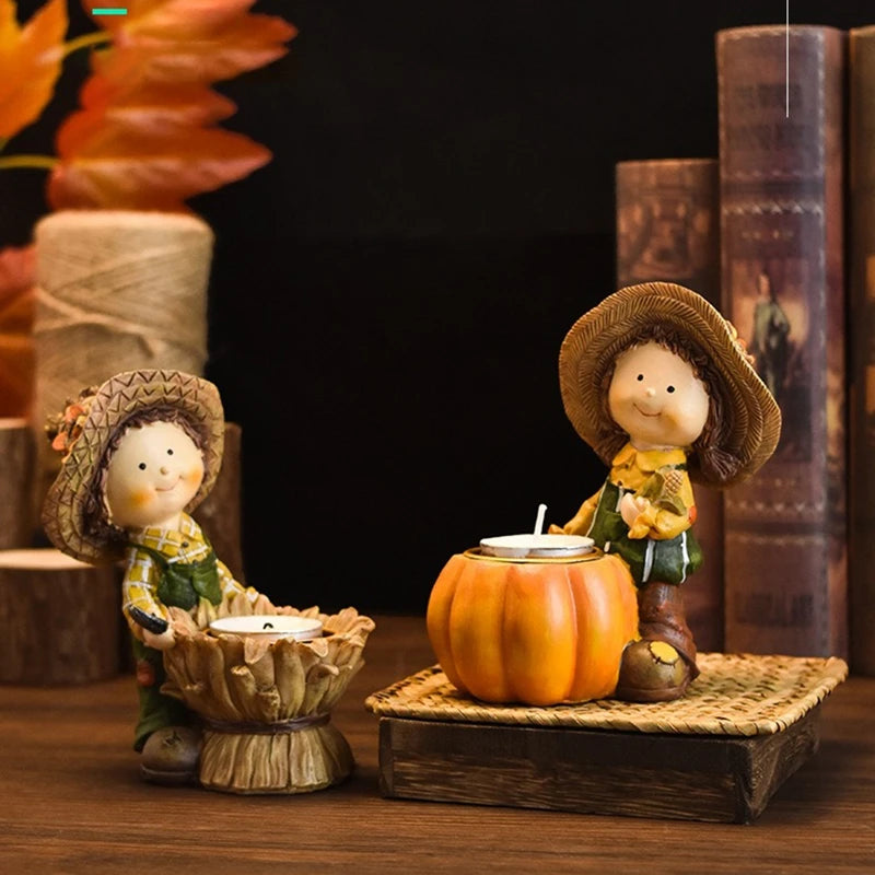 Fall Harvest Pumpkin Boy Tealight Candle Holder Centerpiece Thanksgiving Resin Figurine Fairy Garden Statue Table Decor