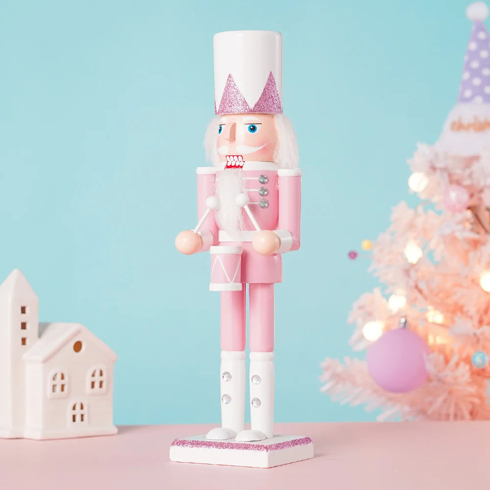 30cm Christmas Wooden Pink King Nutcracker Soldier Ornaments Handmade Pink Puppet Toys Office Desktop Christmas Decoration Gifts