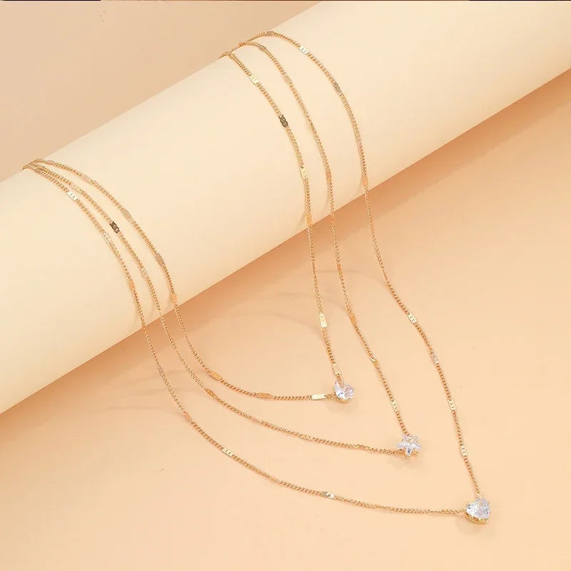 3 Layer Crystal Zircon Necklace Heart Star Multi-layer Pendant Necklace Women Fashion Square Rhinestone Female Necklaces Jewelry