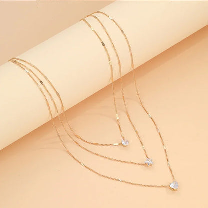 3 Layer Crystal Zircon Necklace Heart Star Multi-layer Pendant Necklace Women Fashion Square Rhinestone Female Necklaces Jewelry