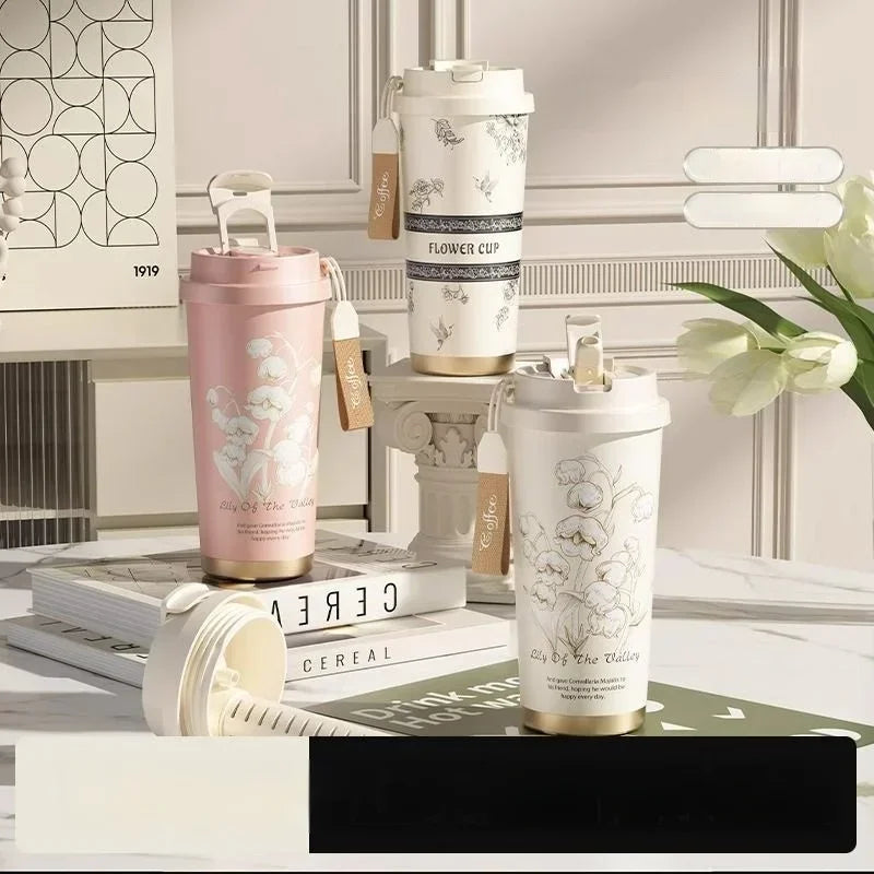 Lily Of The Valley Design Travel Portable Leakproof Coffee Cup Stainless Steel Insulated Bottle Cold Cup Handy Cup